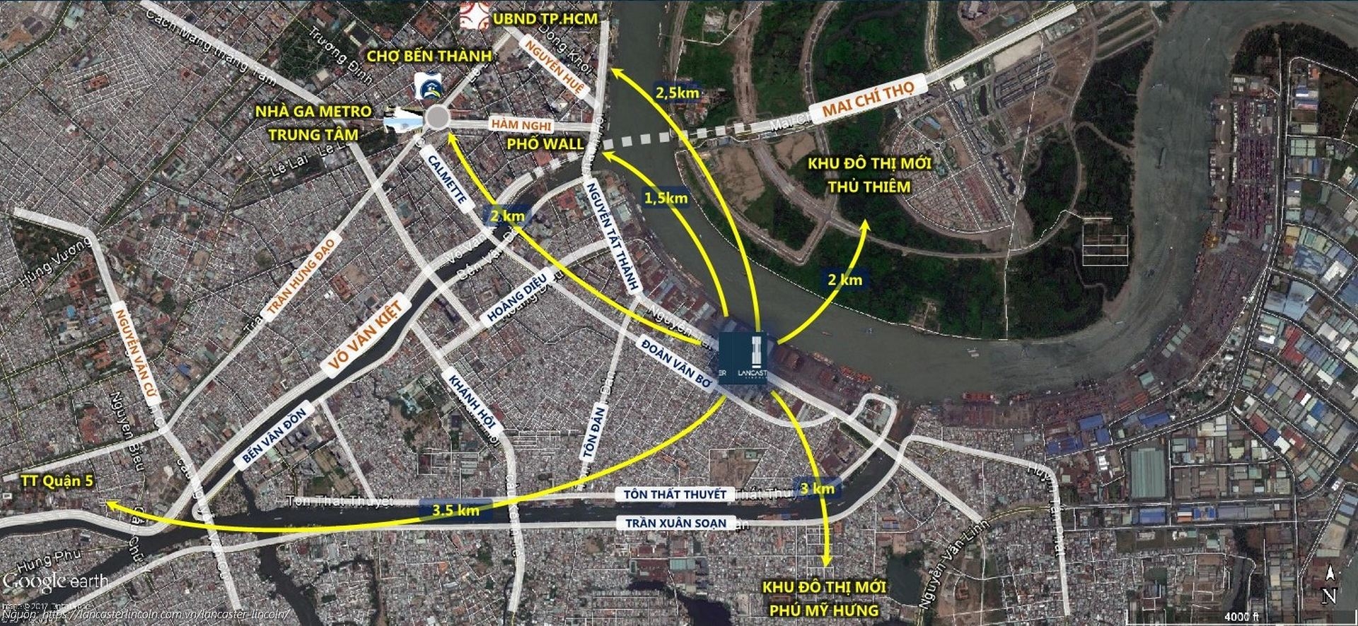 Bản đồ kết nối vị trí dự án Lancaster Lincoln Quận 4 đến Quận 1, Quận 5, Quận 7, Thủ Thiêm