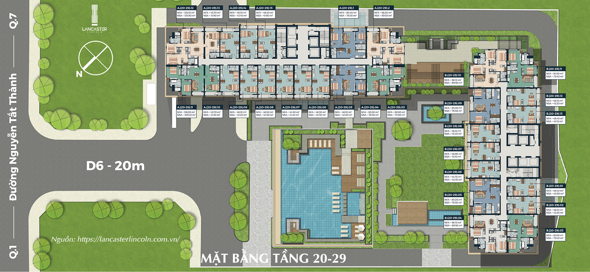 Mặt bằng tầng 20-29 chung cư Lancaster Lincoln