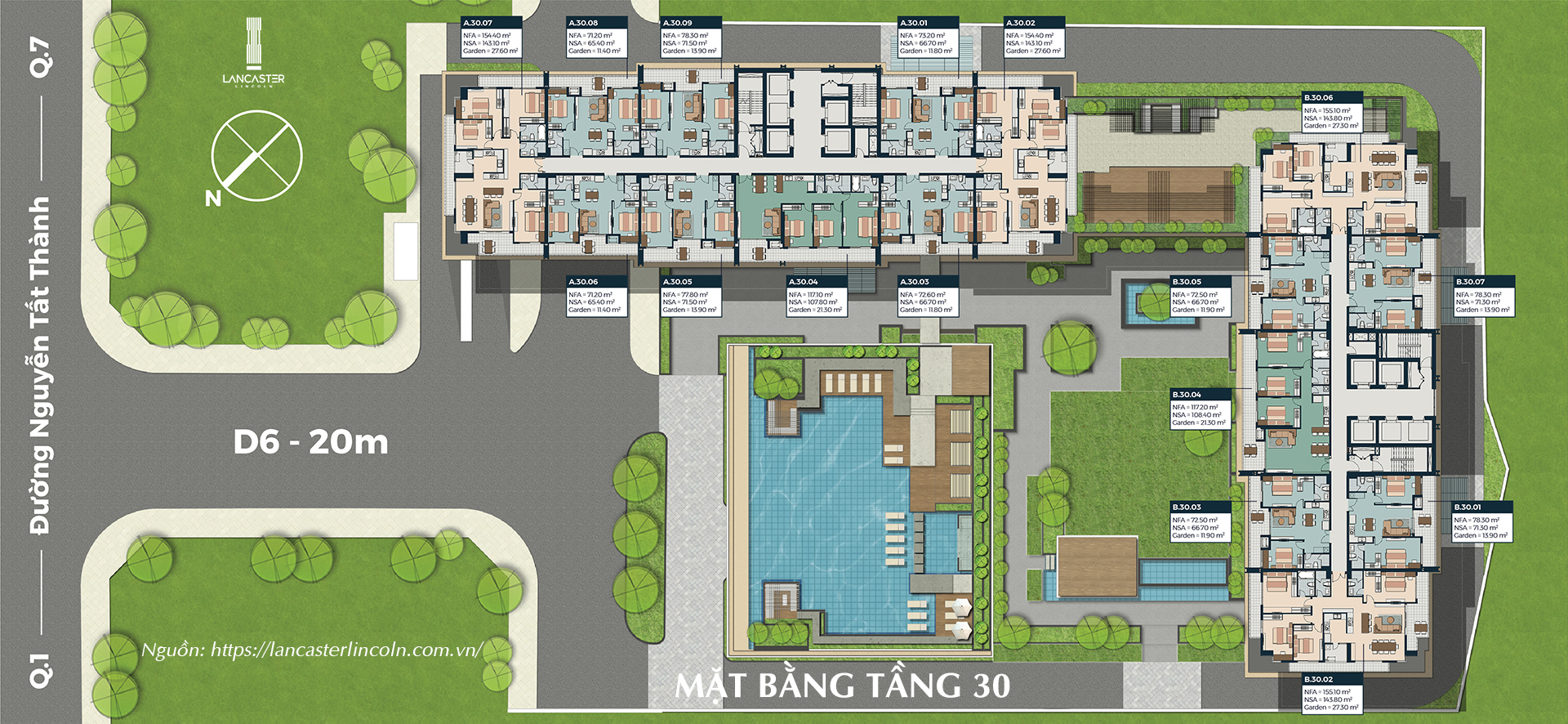 Mặt bằng tầng 30 (Sky Villa) căn hộ chung cư Lancaster Lincoln Quận 4, đường Nguyễn Tất Thành