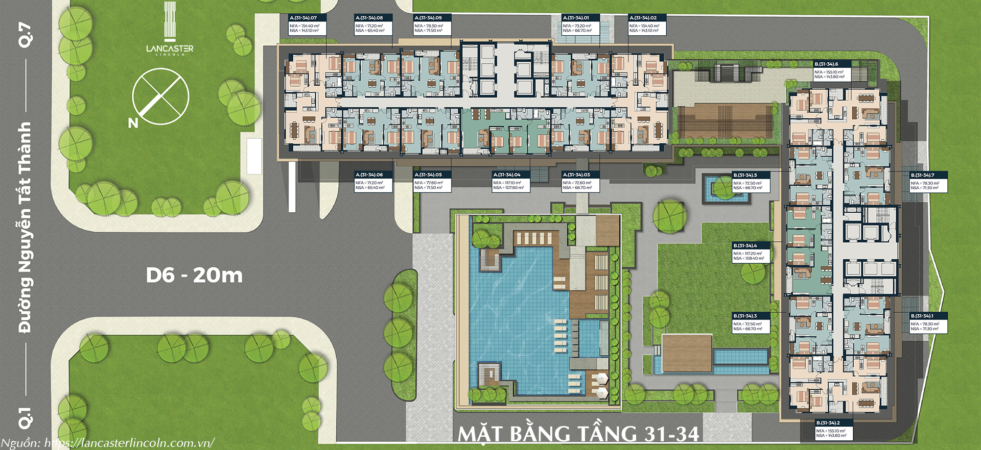 Mặt bằng tầng 31-34 căn hộ chung cư Lancaster Lincoln Quận 4
