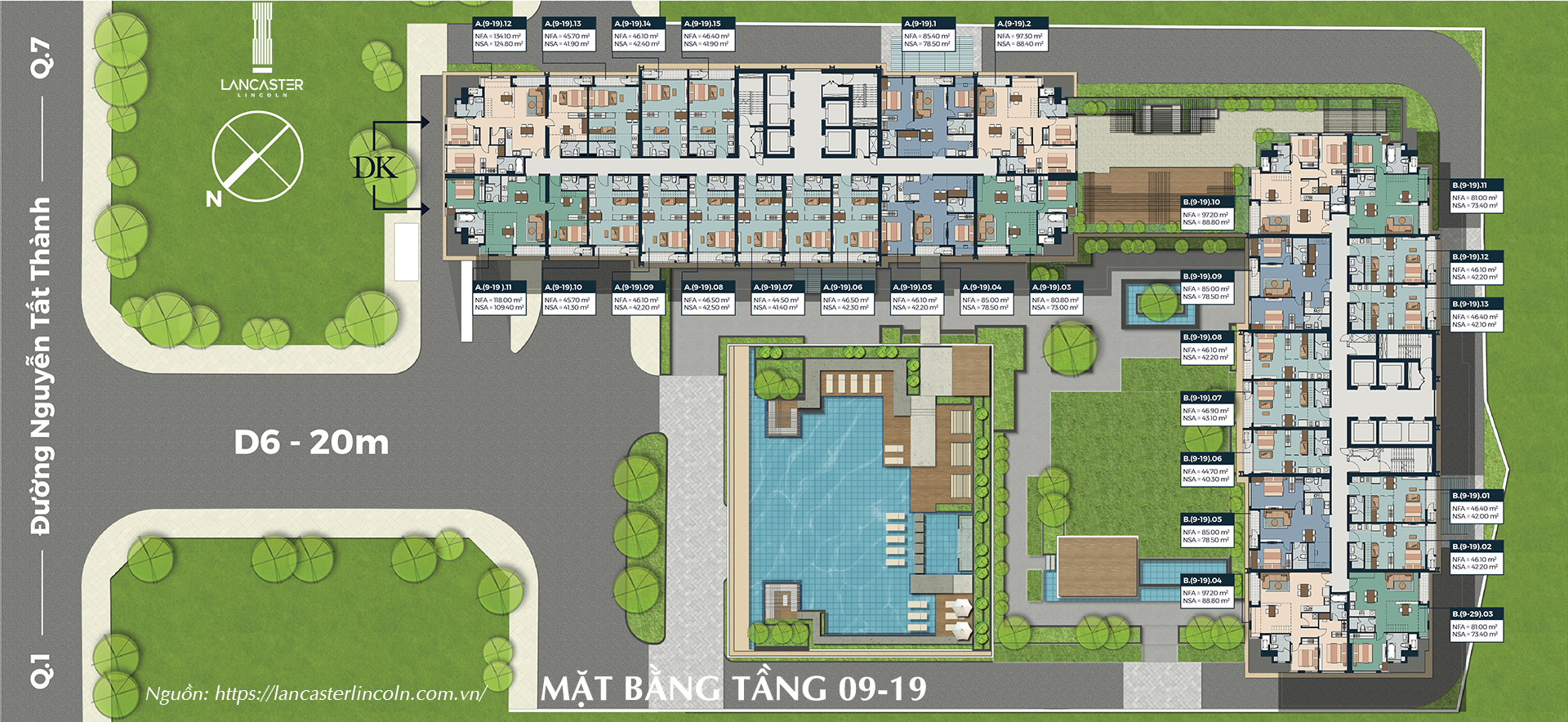 Mặt bằng tầng 9-19 căn hộ Loft chung cư Lancaster Lincoln