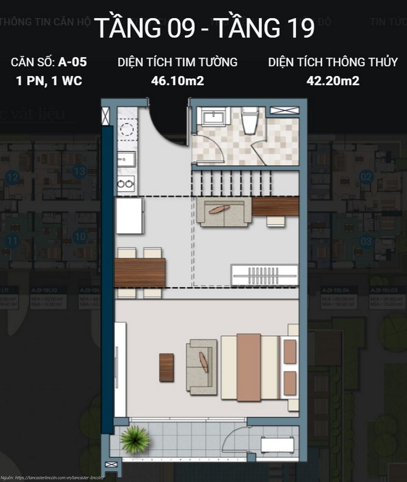 Thiết kế căn hộ 1PN mã căn A05 diện tích 46.10m2 dự án Lancaster Lincoln, Quận 4, Phường 18
