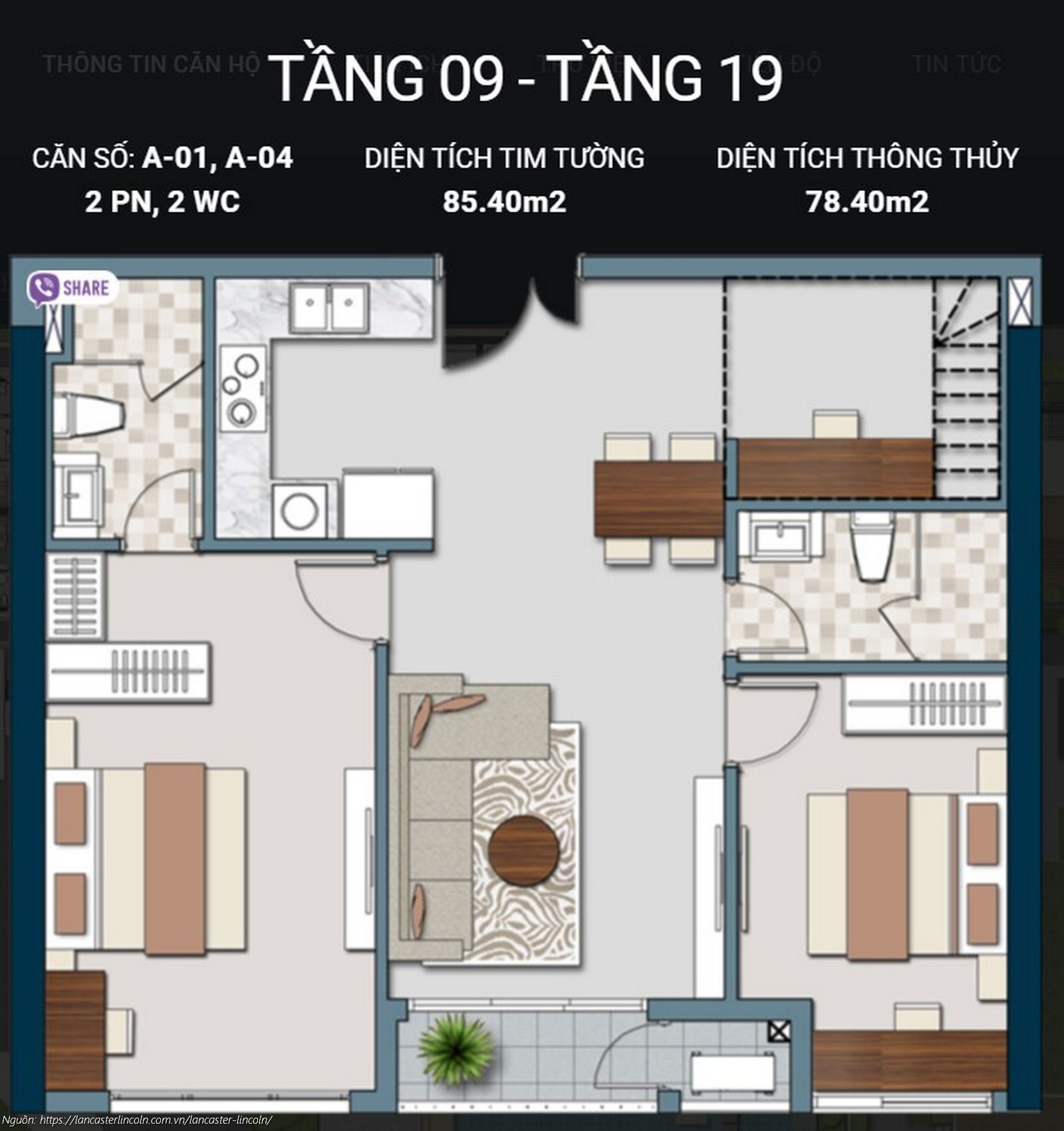 Thiết kế căn hộ 2PN mã căn A-01, A-04 diện tích 85.40m2 dự án Lancaster Lincoln