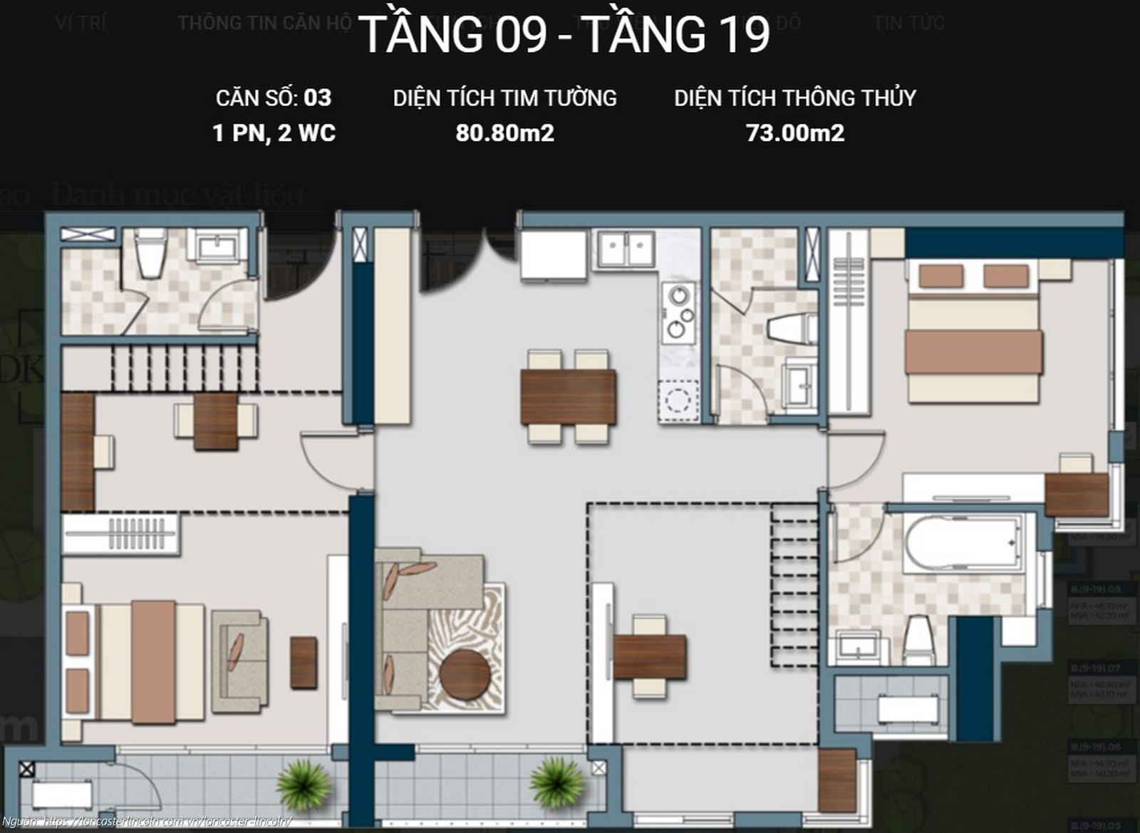 Thiết kế căn hộ 2PN mã căn A03 diện tích 80.80m2 dự án Lancaster Lincoln