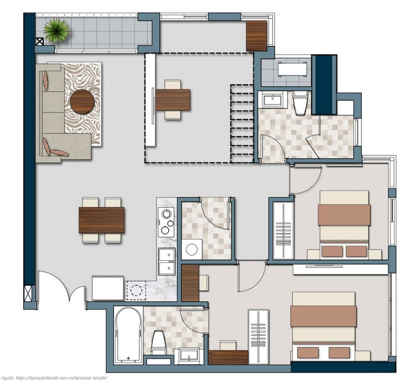 Thiết kế căn hộ 3PN mã căn A02 diện tích 97.3m2 dự án Lancaster Lincoln