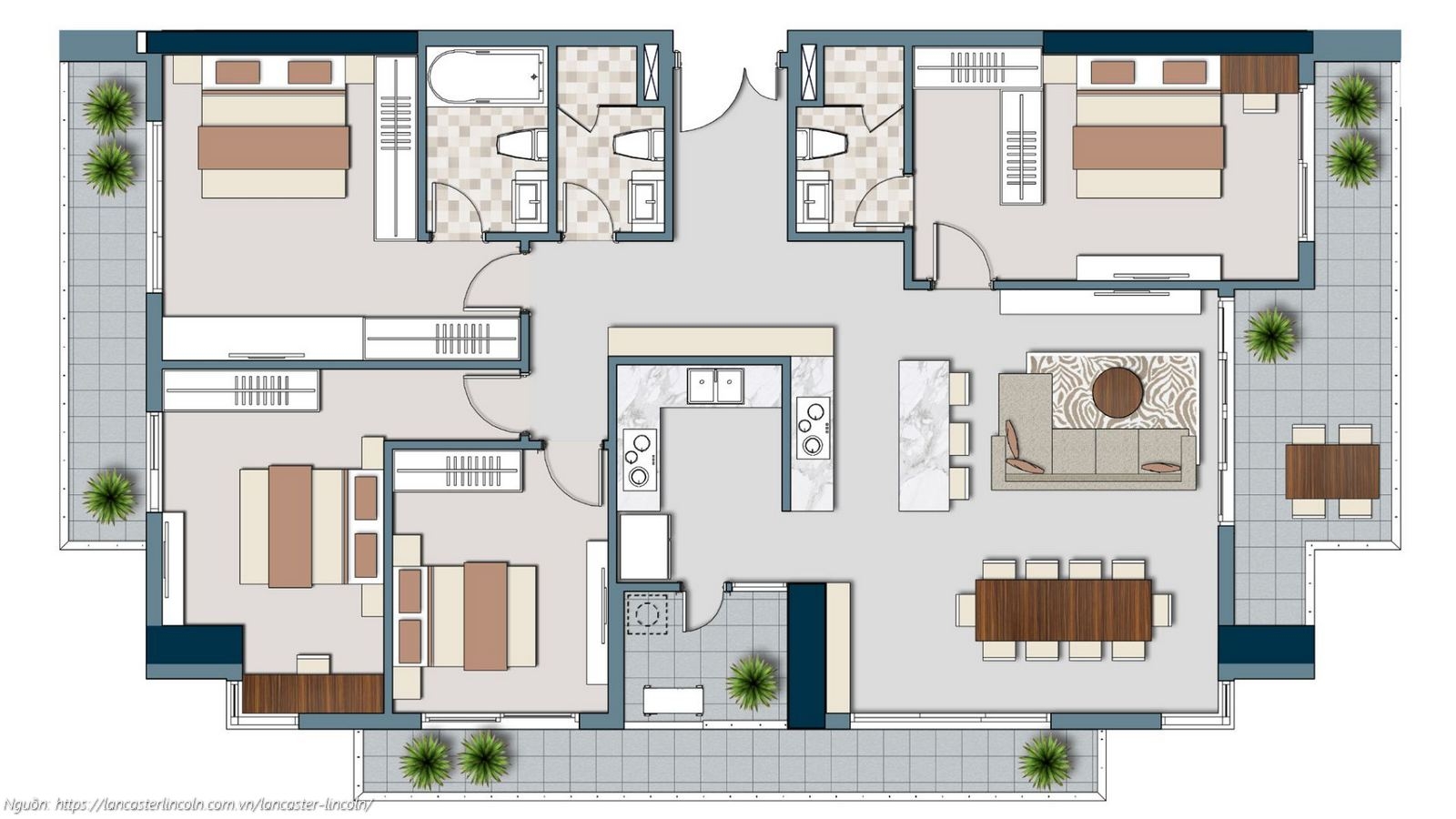 Thiết kế căn hộ 4PN mã căn A02 diện tích 154.4m2 dự án Lancaster Lincoln