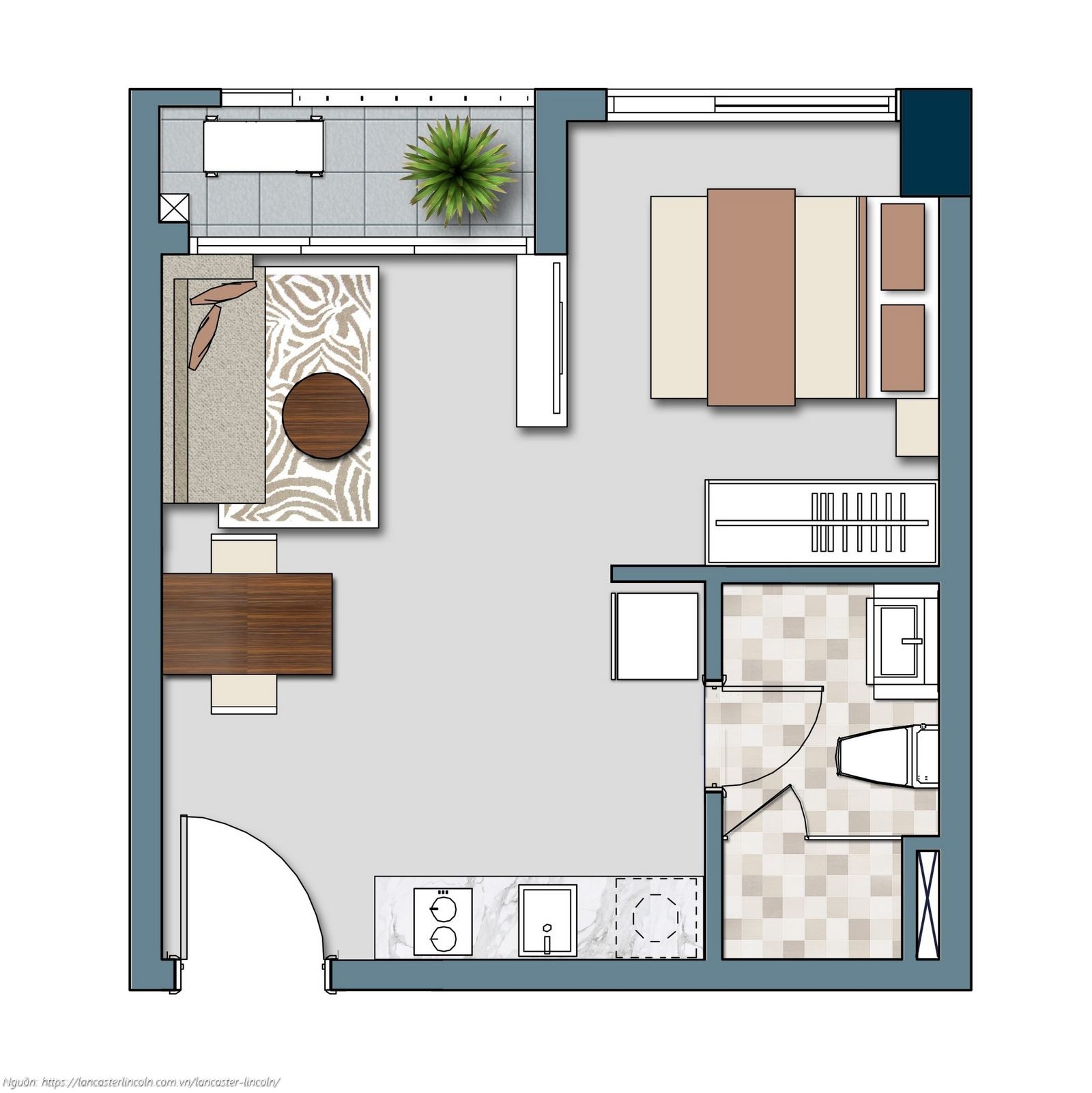 Thiết kế căn hộ Officetel mã O1L1 diện tích 34.44 – 35.00m2 dự án Lancaster Lincoln