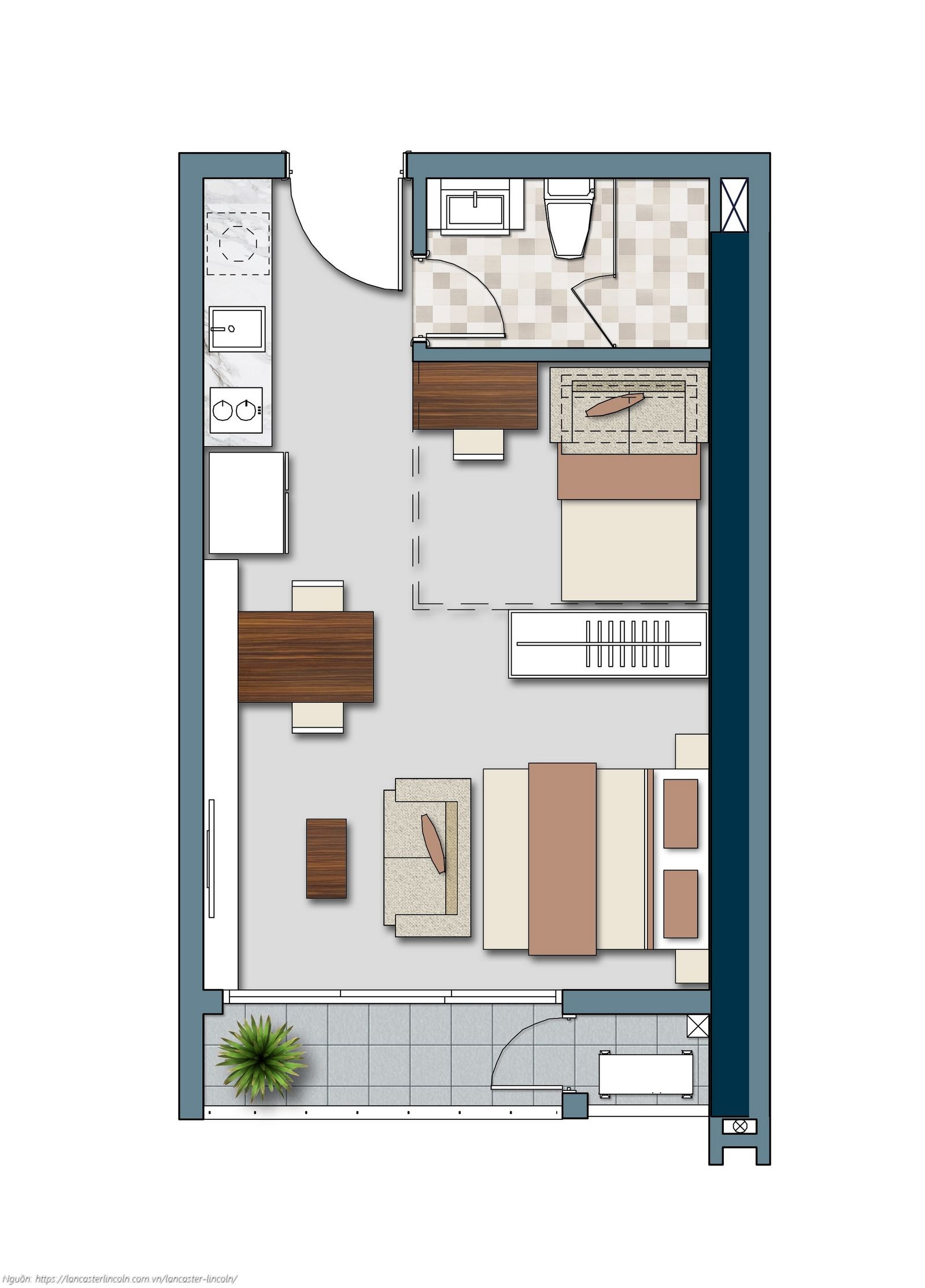 Thiết kế căn hộ Officetel mã O1L2 diện tích 41.41 – 42.53m2 dự án Lancaster Lincoln