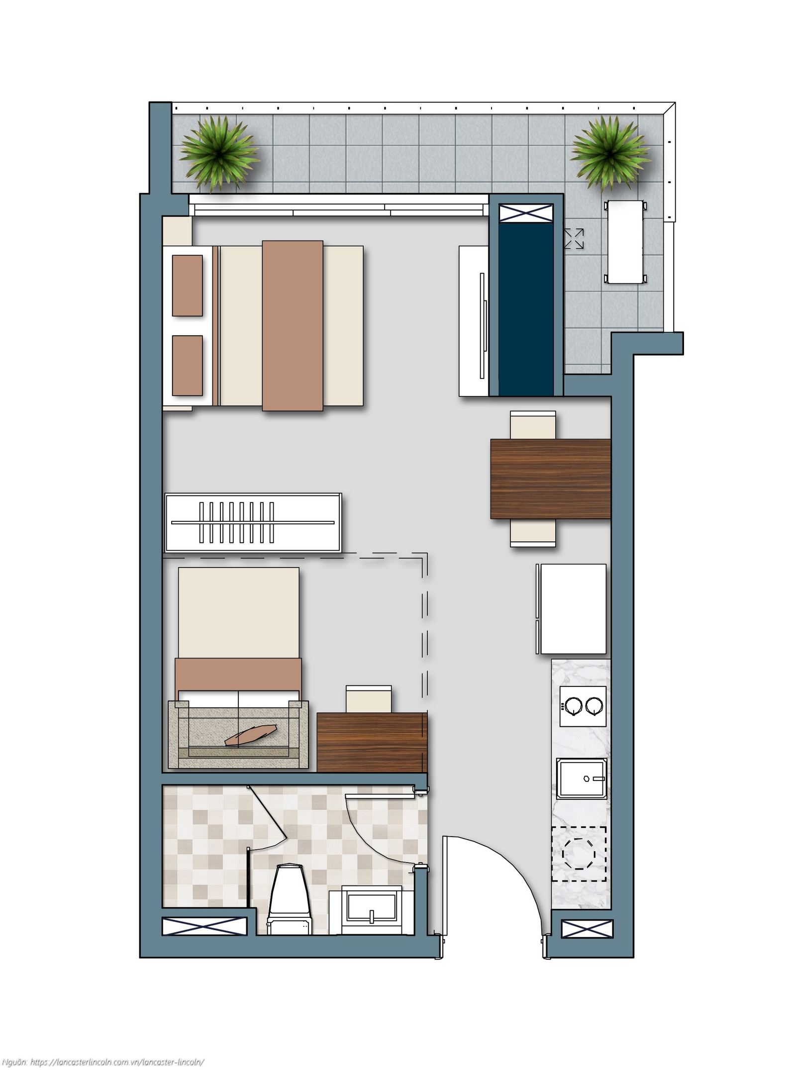 Thiết kế căn hộ Officetel mã O1L3 diện tích 39.00 – 40.70m2 dự án Lancaster Lincoln