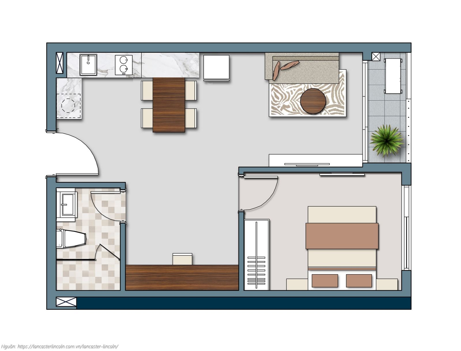 Thiết kế căn hộ Officetel mã O1L5 diện tích 50.44m2 dự án Lancaster Lincoln
