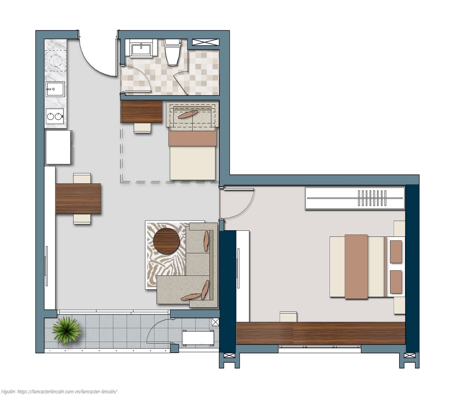 Thiết kế căn hộ Officetel mã O1L7 diện tích 64.42 – 64.68m2 dự án Lancaster Lincoln