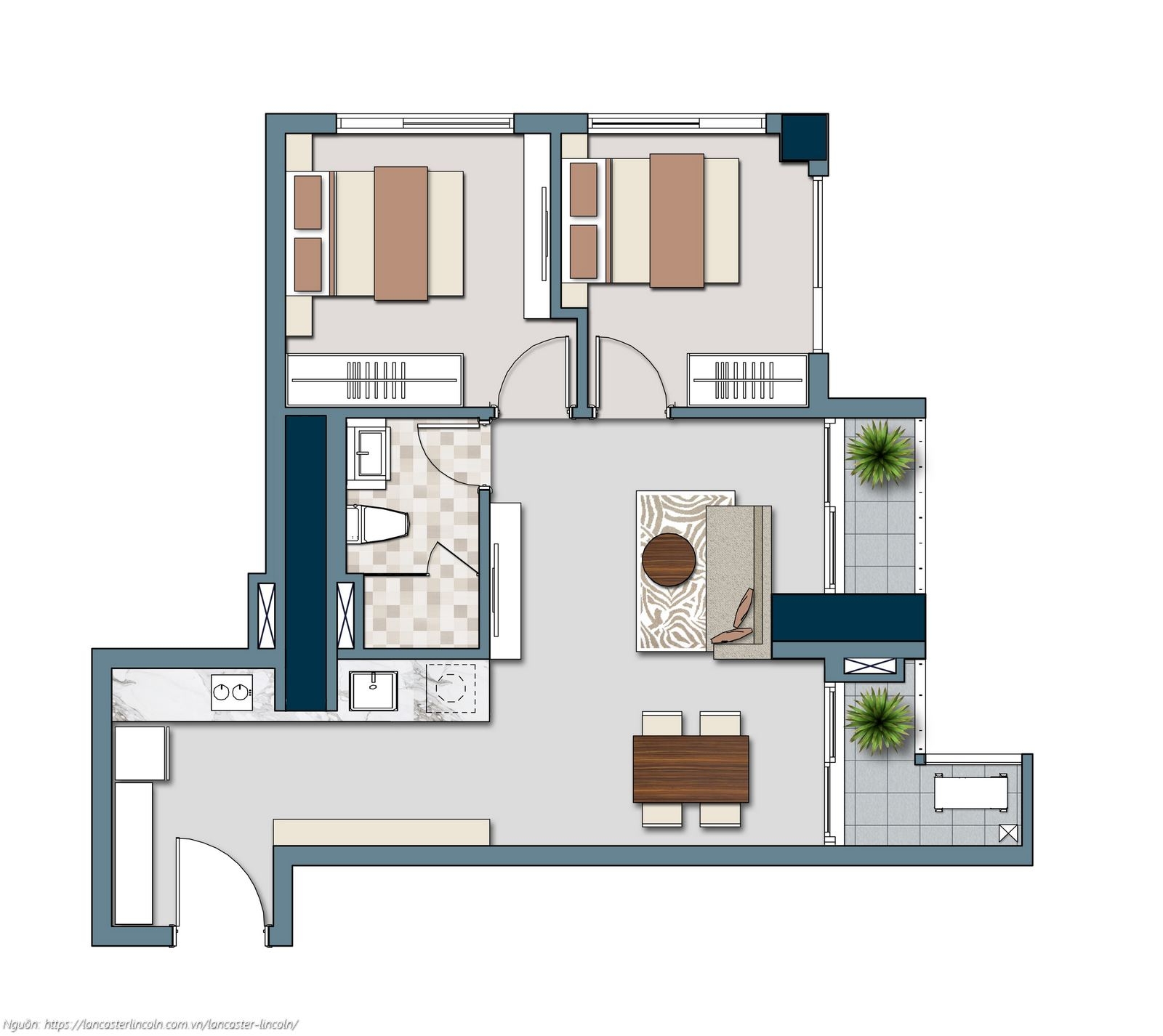 Thiết kế căn hộ Officetel mã O2L1 diện tích 62.65m2 dự án Lancaster Lincoln