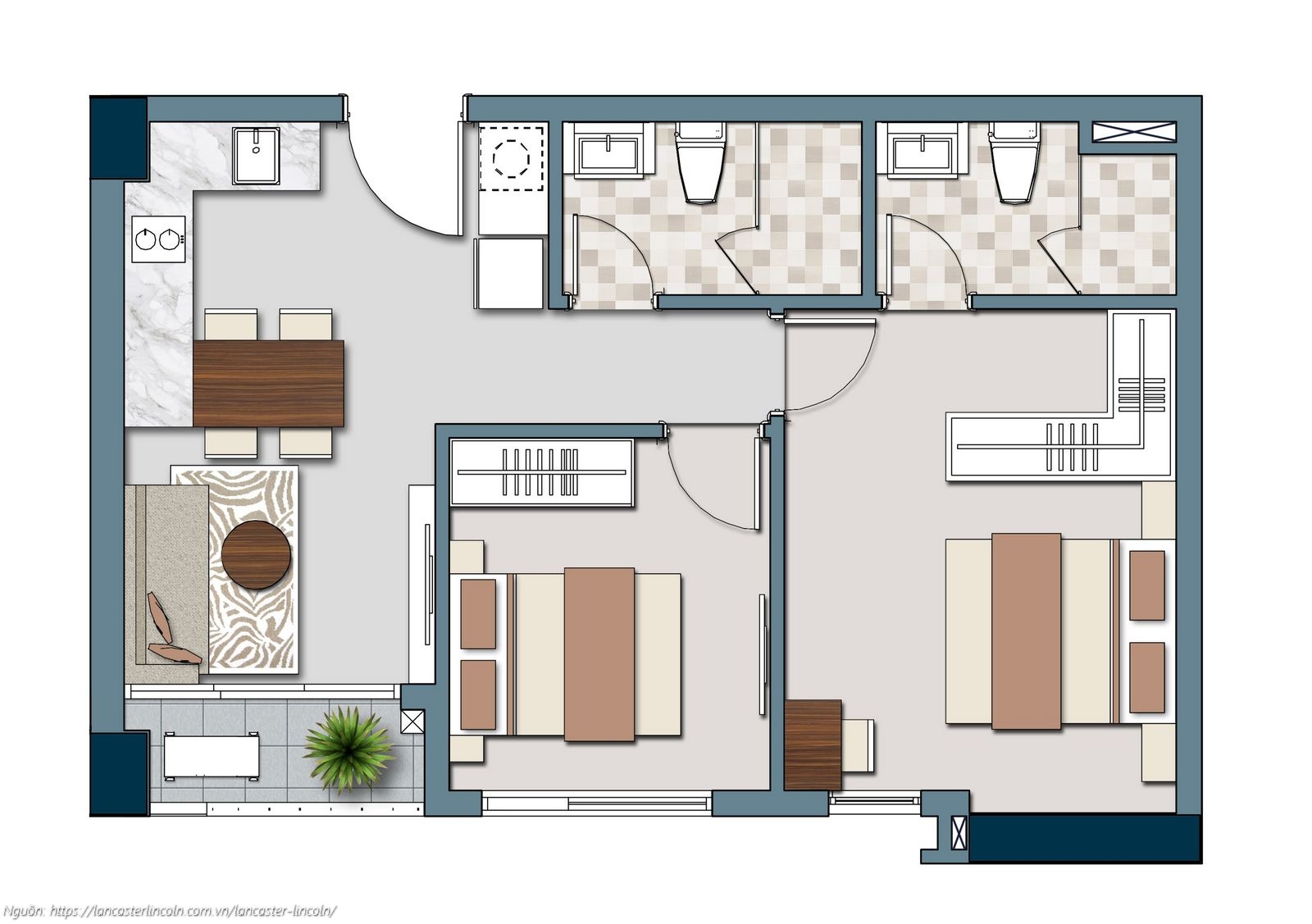 Thiết kế căn hộ Officetel mã O2L2 diện tích 58.30m2 dự án Lancaster Lincoln