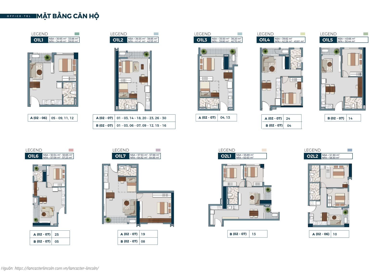 Tổng hợp mặt bằng thiết kế căn hộ Officetel dự án Lancaster Lincoln