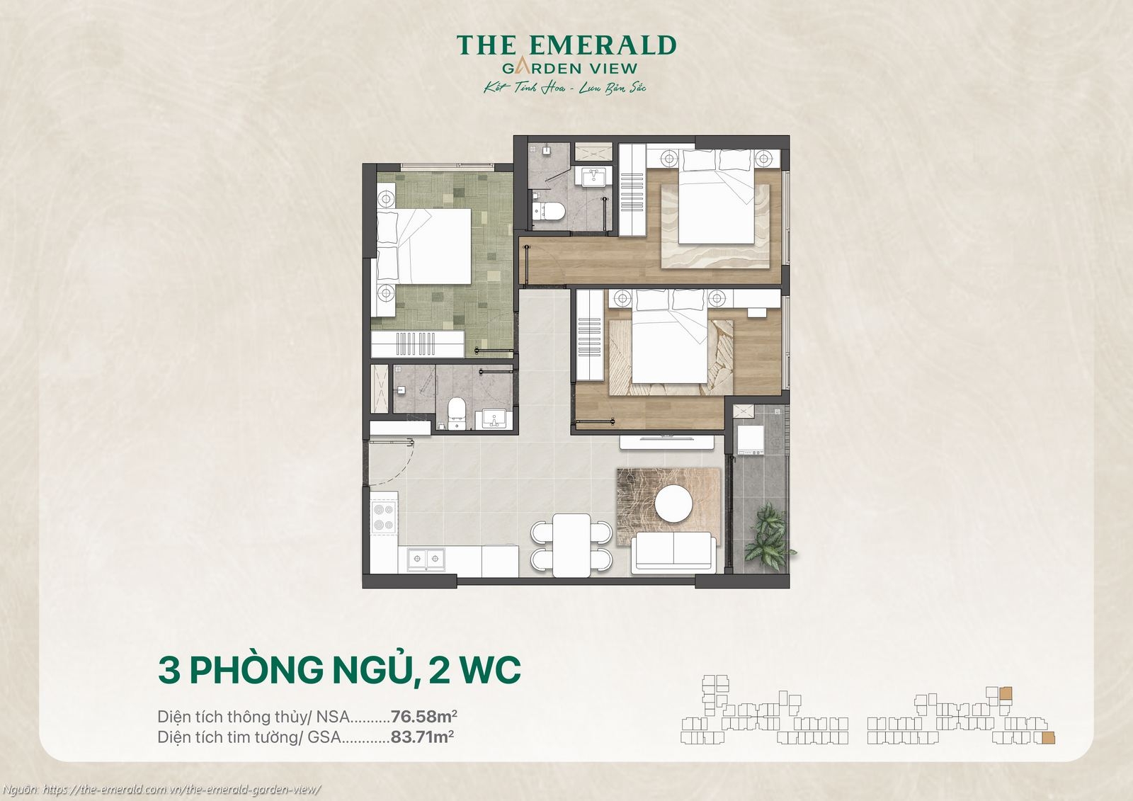 Mặt bằng thiết kế căn hộ 3 phòng ngủ (3PN) diện tích 83.71m2 dự án The Emerald Garden View