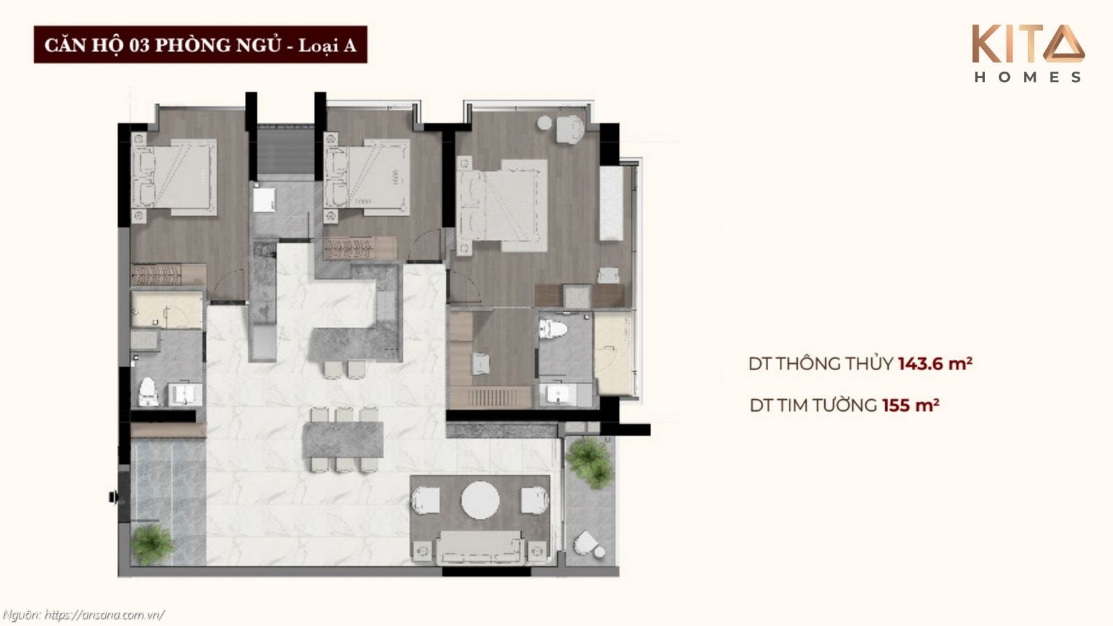 Thiết kế căn hộ 3 phòng ngủ Loại A diện tích lớn 155m2 dự án Ansana by Kita