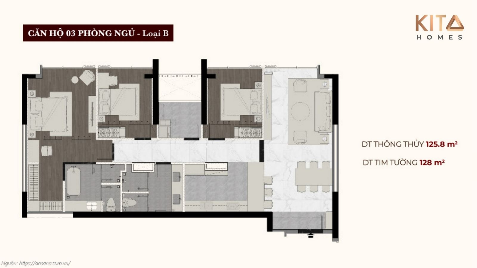 Thiết kế căn hộ 3 phòng ngủ Loại B diện tích 128m2 tại dự án Ansana by Kita