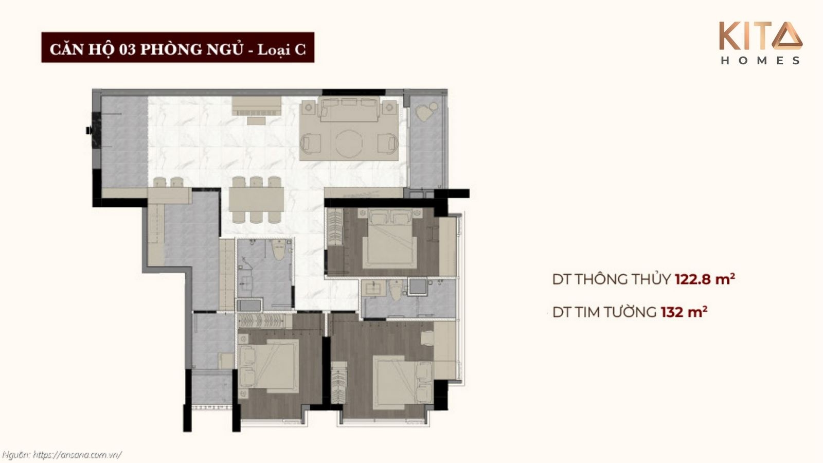 Thiết kế căn hộ 3 phòng ngủ Loại C diện tích 132m2 chung cư Ansana by Kita Võ Văn Kiệt