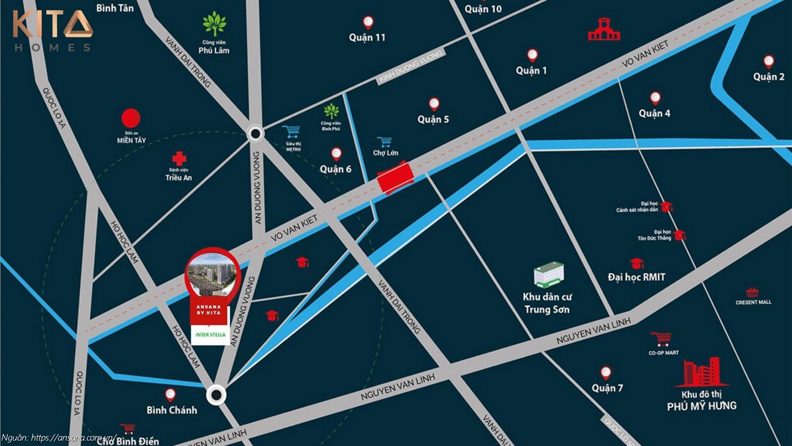 Vị trí dự án căn hộ Ansana by Kita mặt tiền Đại lộ Võ Văn Kiệt, Quận Bình Tân